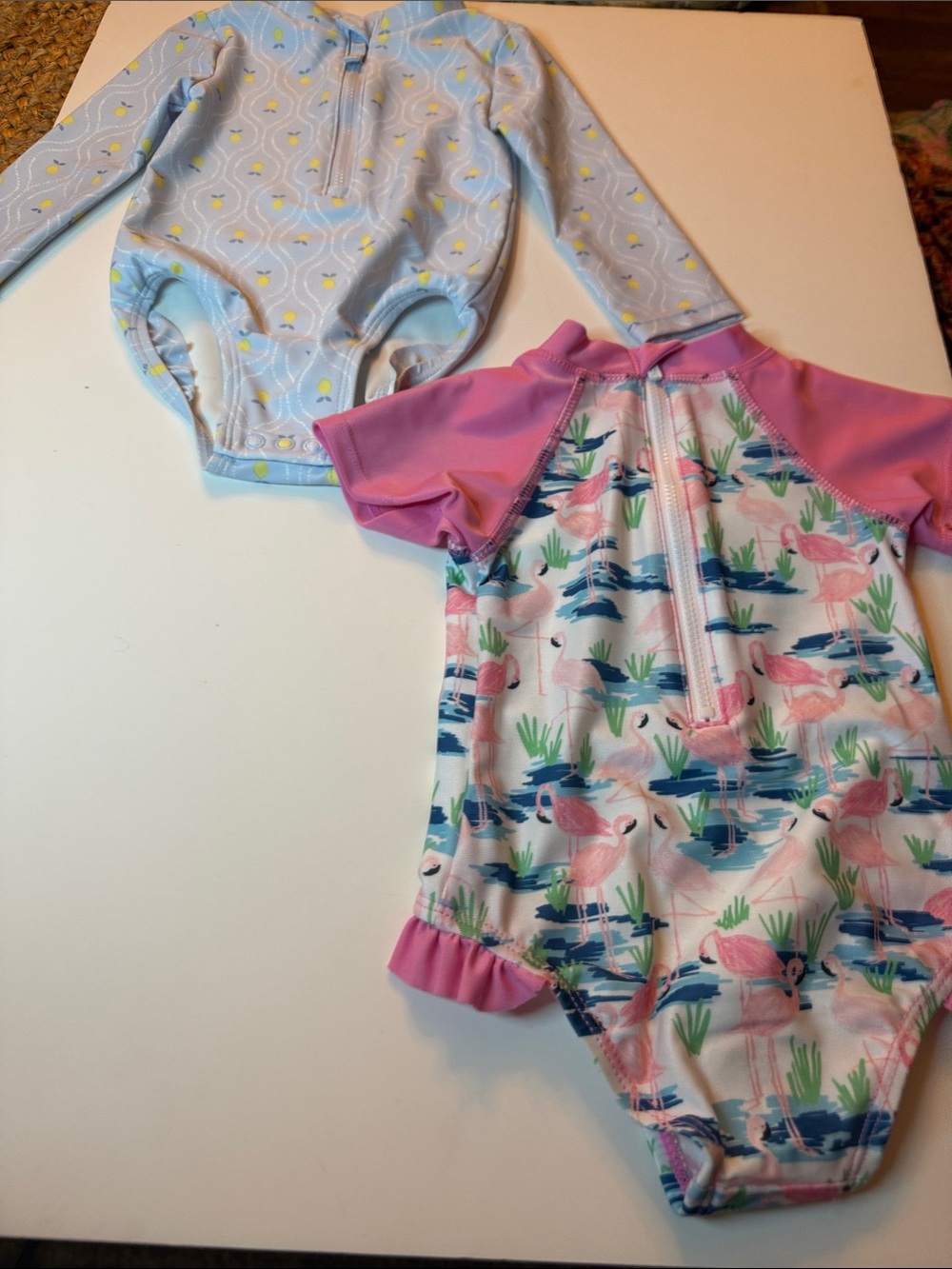 Baby Girls Pink Flamingo Short-Sleeve One-Piece Swimsuit & long sleeve blue one